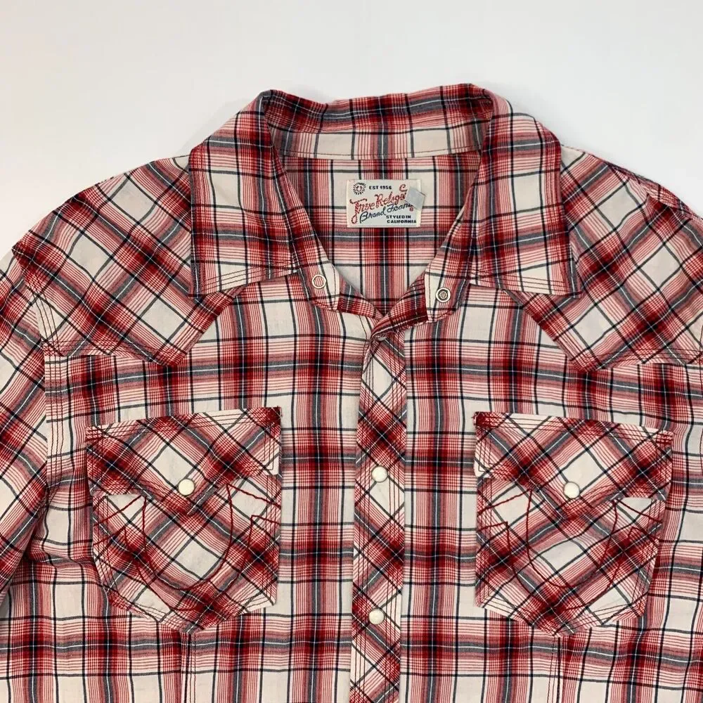 True Religion Western Shirt Mens 3XL XXXL Red Navy Plaid Pocket Snap Button Up